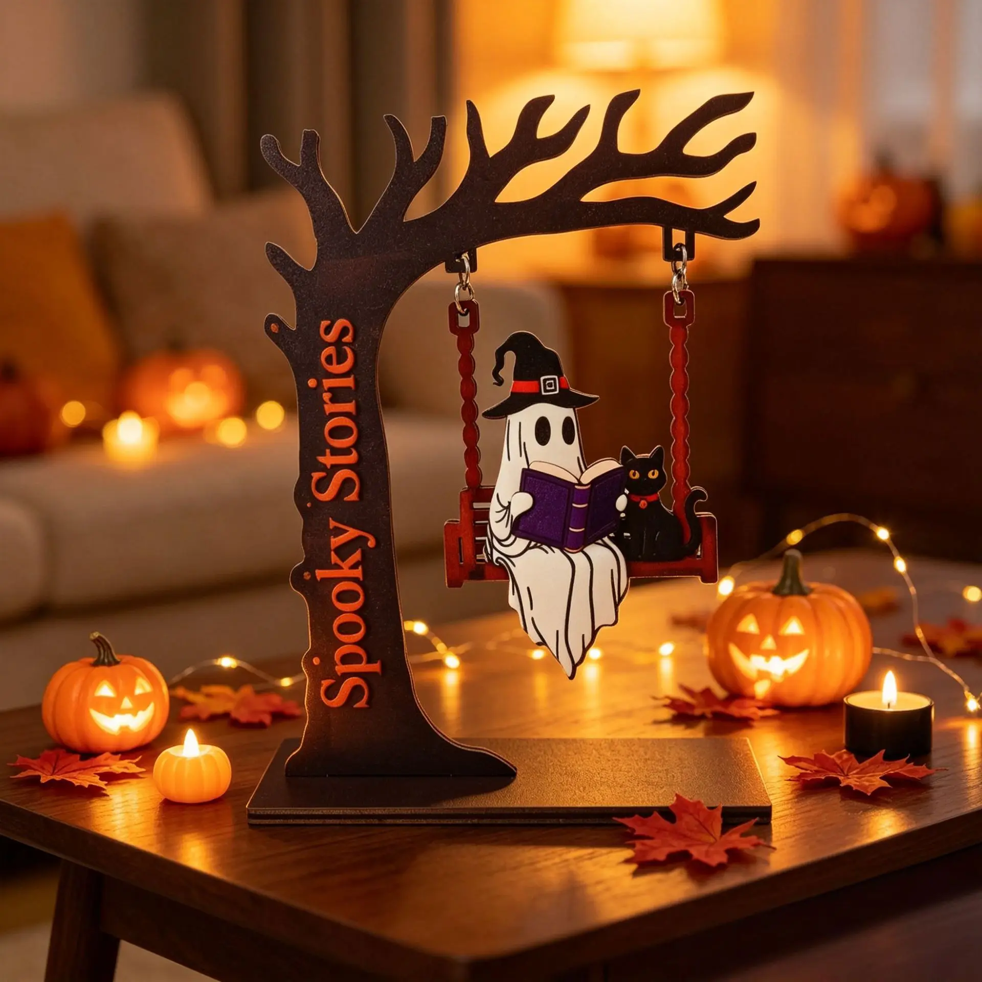 Halloween Ghost Swing Ornament Wooden Decor Statue Reading Ghost Cat Bookshelf Desktop Decoration Home Halloween Ornament Gifts