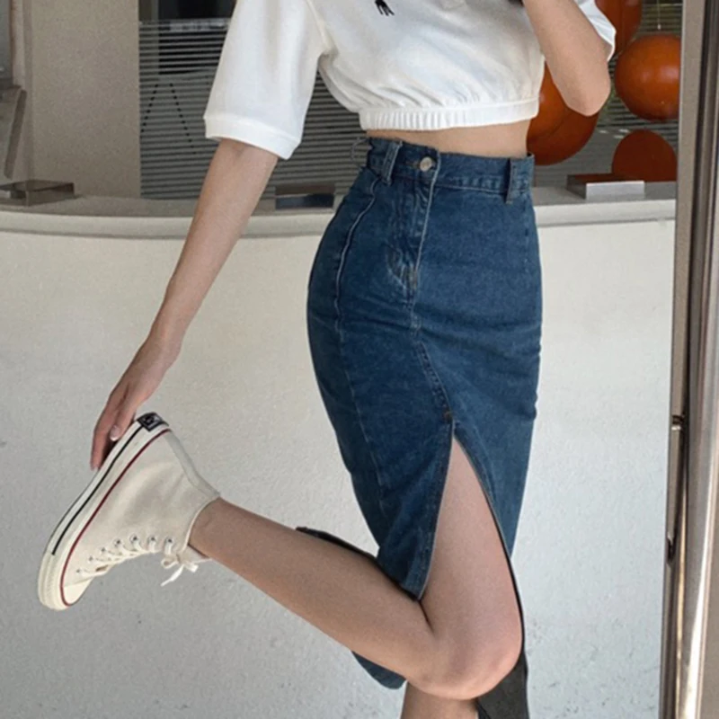 

Джинсовая юбка миди с высокой талией, женская, модная, элегантная, синяя, с боковым разрезом, в корейском стиле, сексуальная, облегающая, летняя, асимметричная, однотонная, в стиле преппи