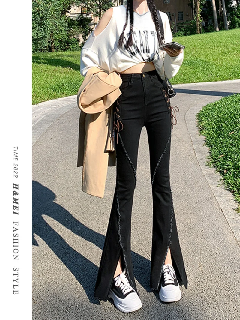 Neue Schwarz Split Y2k Pantalones Hohe Taille Lange Flare Hosen Denim Zipper Fly Volle Länge Jeans Chic Frauen Streetwear Harajuku