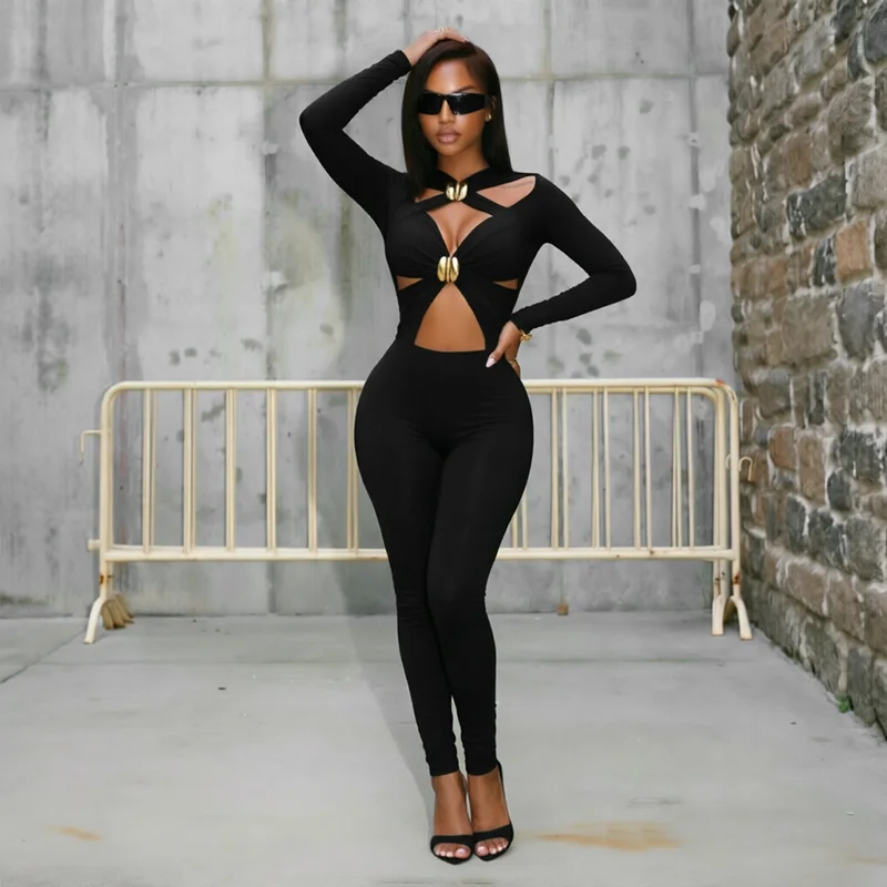 Sexy Hot Girl Crop-Top mit Lochmuster, Metallreißverschluss, Langen Ärmeln und Einfarbigen Leggings – Detail 5