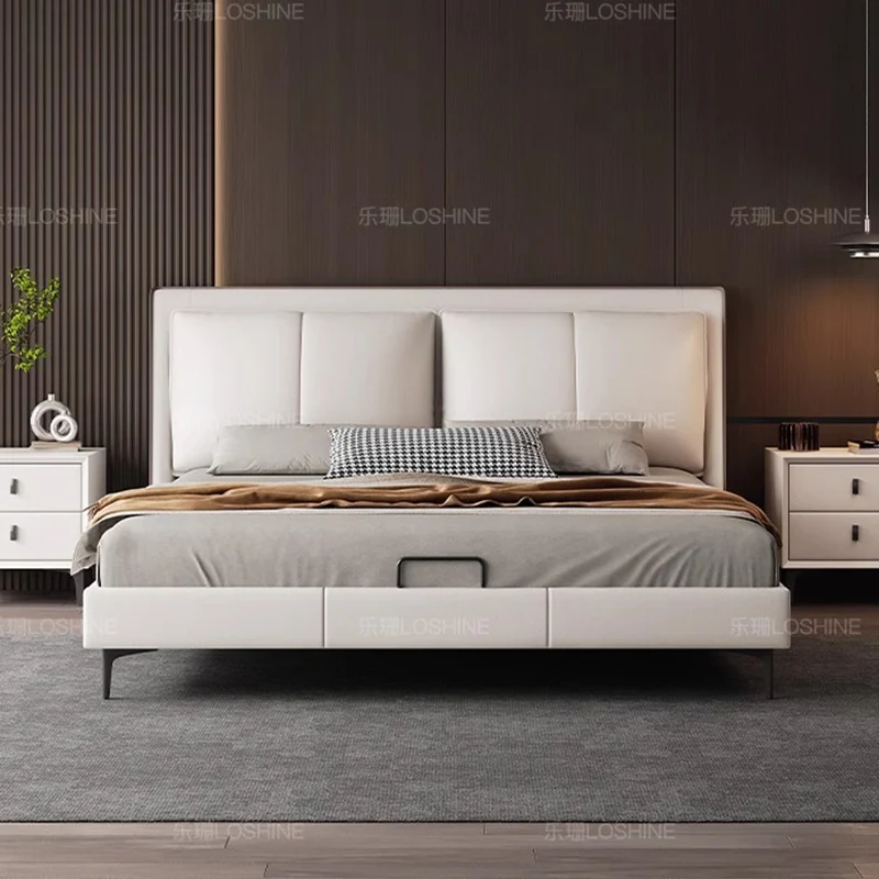 Italian Minimalist Bed Leather Modern Luxury Bed Solid Wood Headboard Double Cama De Lujo Para Dormitorio Bedroom Furniture