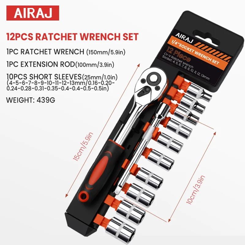 AIRAJ 12PCS Ratchet Socket Wrench Multifunctional Adjustable Torque Spanner Automotive Plumbing Bike Mechanical Diy Hand Tools