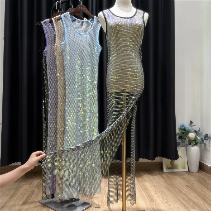 2023 New Feature Women Sundress Summer Sexy AB Colorful Diamonds Mesh Split Glitter Sparky Long Evening Club Party Dress