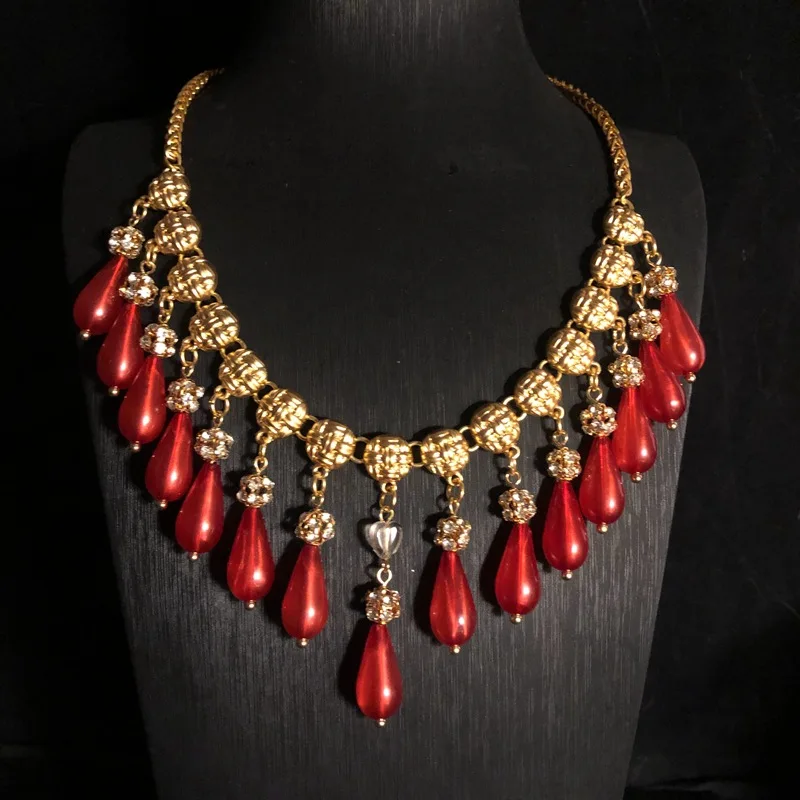 New Fashion Retro Set Chinese Red Water Drop Pendant Tassel Necklace Earrings Inlaid Jewel Diamond Mid-Ancient All-Match