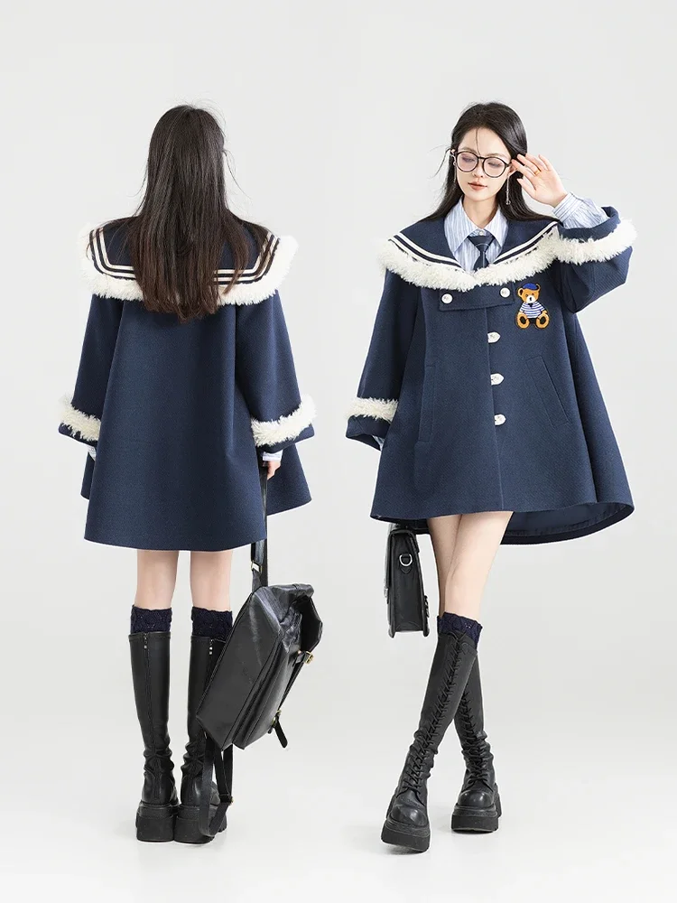 Japanese Sweet Temperament Preppy Style Navy Collar Plush Splicing Woolen Coats Women Cape Loose Straight A-line Winter Jackets