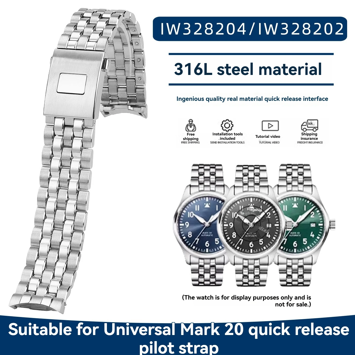 Scratch Resistant Solid Steel Watch Strap For IWC Pilot Mark XVIII XX IW328204 20mm Durable Replacement Band
