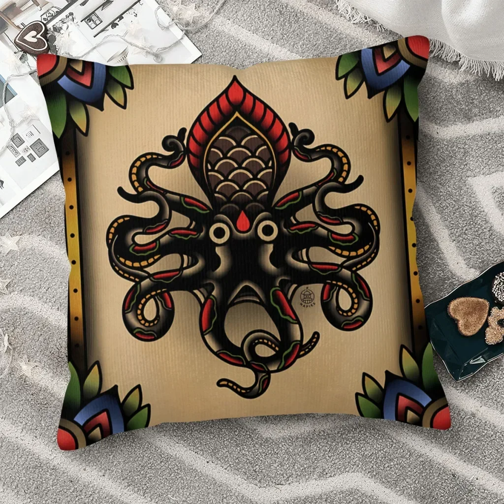 Traditional Tattoo Octopus  Polyester Cushion Cover For Home Chair Decorative Washable Coussincase throw pillows