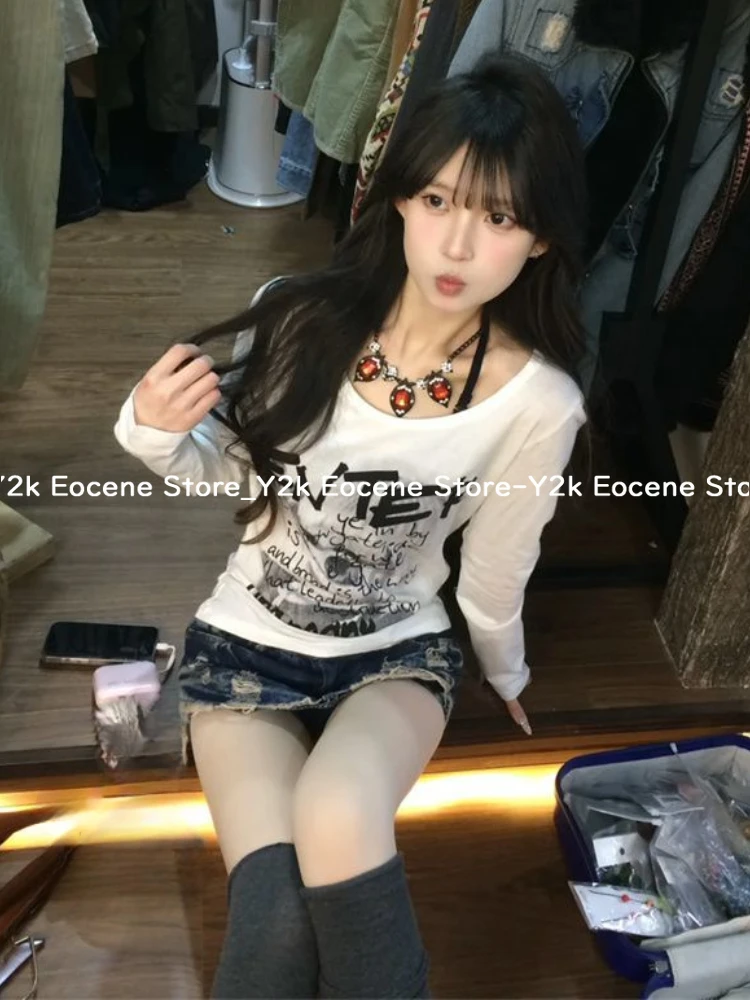 미국 복고풍 편지 인쇄 긴 소매 티셔츠 여성 봄 미적 새로운 뜨거운 여자 작업복 탑 2000 년대 고딕 Y2k 캐주얼 의류