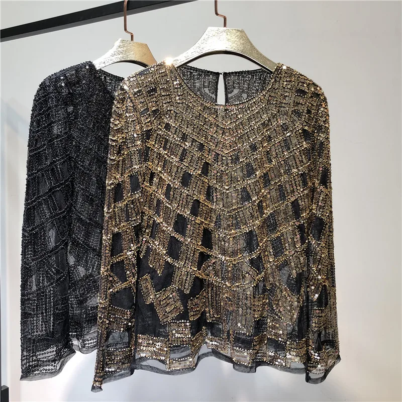 Women Luxury Sequin Beading Mesh Stitching Shirts Sexy Perspective Shiny Beaded Blouses Long Sleeve O-neck Gauze Tops Blusas