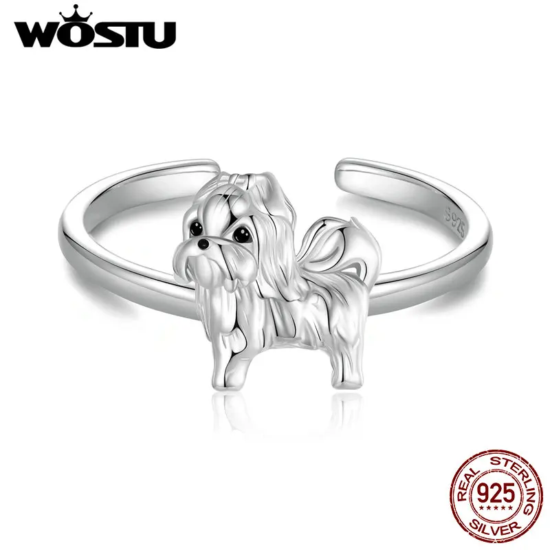 WOSTU 925 Sterling Silver Shih Tzu Open Ring Finger Ring Daily Party Gift for Women Pet Animal Lover Fine Jewelry Adjustable