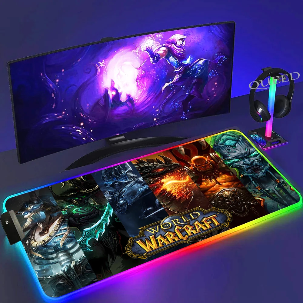 World Of Warcraft Illidan RGB Tappetino per mouse da gioco XXL Computer Gamer Tappetino per mouse a LED grande Decorazione desktop WOW Tappetino da