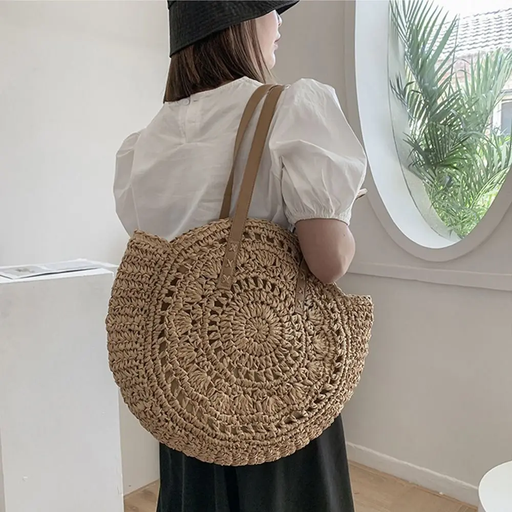 

Fashion Round Straw Weave Bag Boho Hollow Straw Tote Bag Large Capacity Handmade Woven Shoulder Bag Vacation