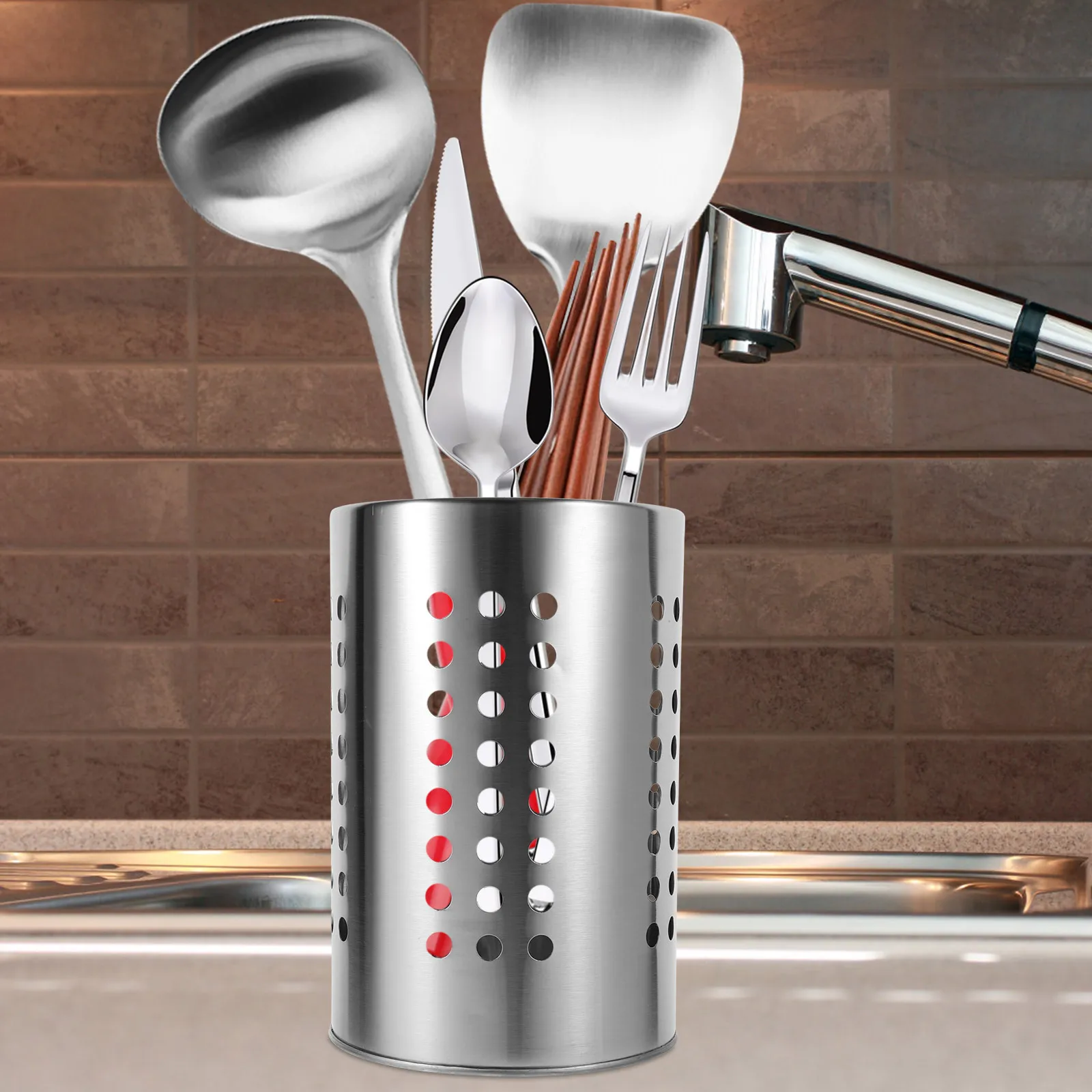 

Premium Metal Cutlery Holder Self-Draining Design Kitchen Utensil Container for Spoon Fork Chopstick Organization