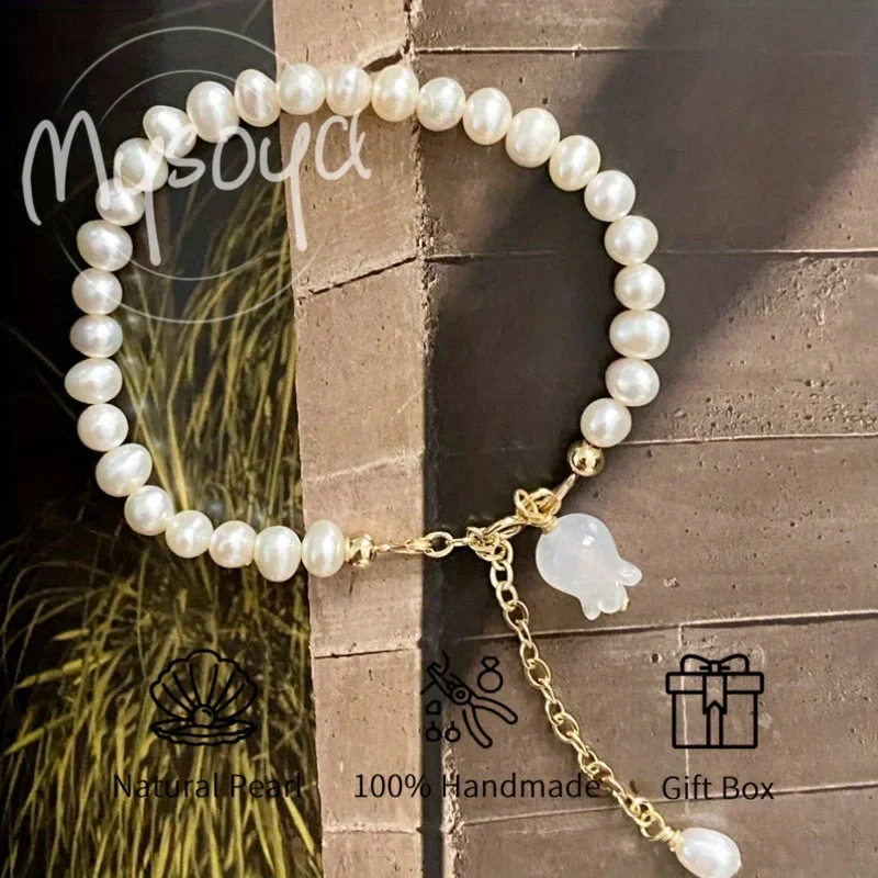 

MYSOYA 5-6mm Natural White Freshwater Pearl Bracelet With Lily Of The Valley Pendant Gift Box Birthday Wedding Jewelry Gift