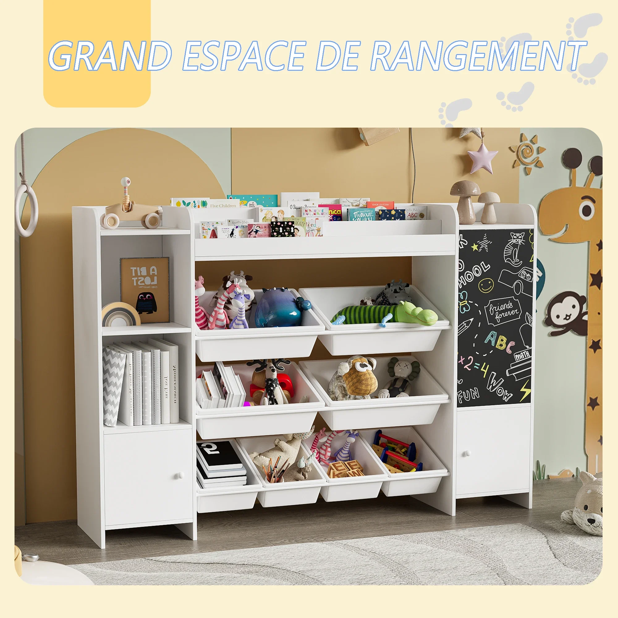 Rosahqnda Kinderbücherregal، Aufbewahrungsregal fazer Spielzeug und Bücher، mit 8 Boxen، mit Tafel، 137 × 30 × 94,5 سم