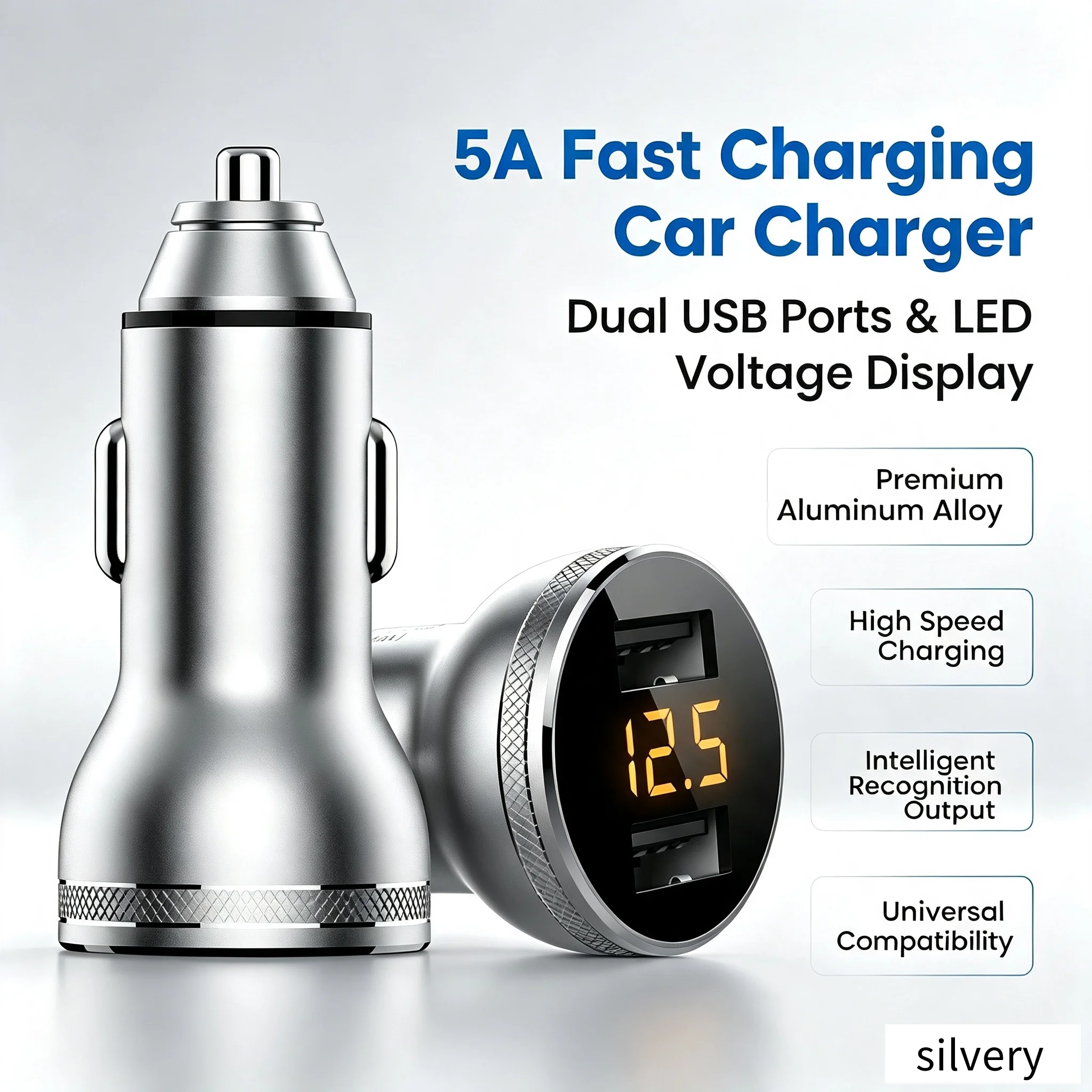 Car charger, fast charging, dual USB dual output, LED car battery voltage detection, on-board charger, made of high-grade alumin
