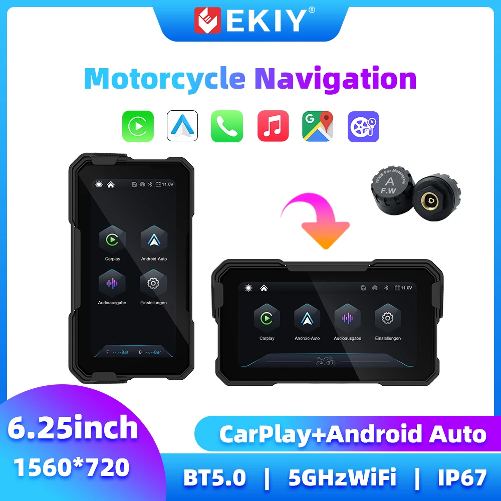 EKIY 6,25 Zoll Motorrad-GPS-Bildschirm Drehbarer Motorrad-Carplay-Bildschirm Navigations-GPS-Monitor Kabelloses Carplay Android Auto