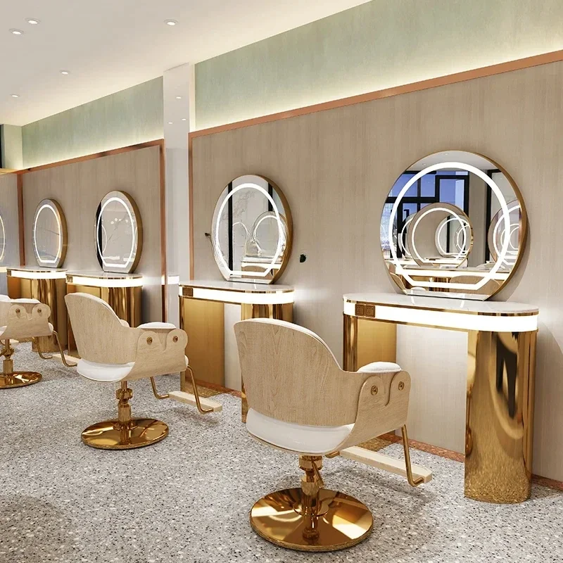 A  NewBarber Shop with Light Dressing Table for Hair Salon with Desktop Hair Cutting and Perming Area Mirror Cabinet Integrated