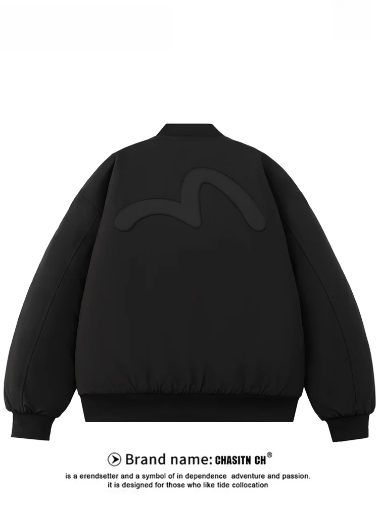 

Winter Thiened Men's Jaet Loose Couple Bla Cotton Padded Coat Faionable American Retro Sle Long Sve Zipper Closure