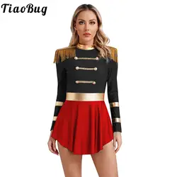Women Circus Ringmaster Costume Long Sleeve Fringed Shoulder Leotard Dress Halloween Carnival Party Cosplay Dress Up Clothes