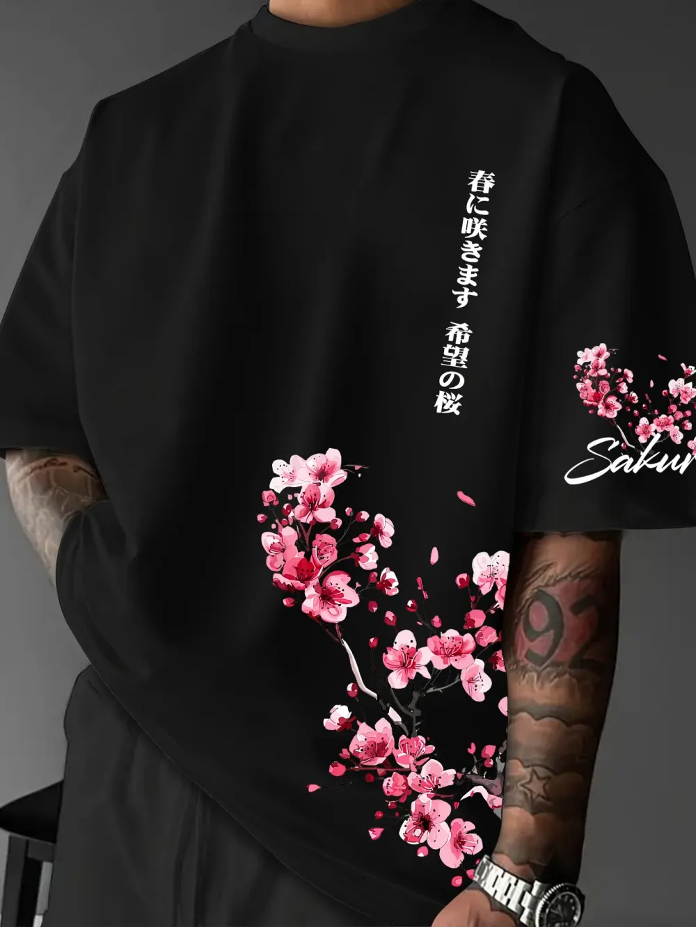 American Men's Summer Personalized Cherry Blossom Letter Print Micro Elastic Breathable Round Neck T-Shirt Outdoor Street Top