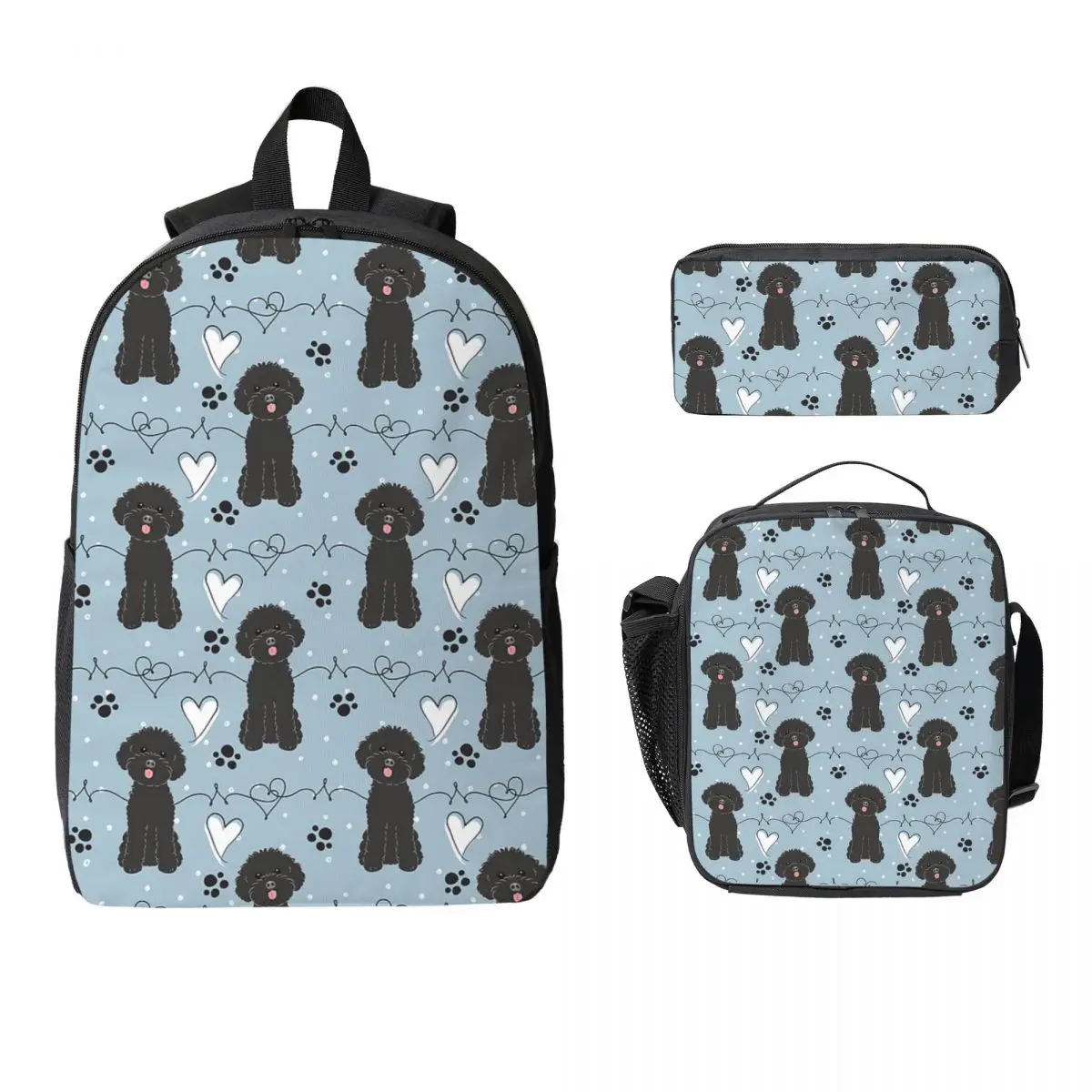 

LOVE Black Toy Poodle Backpack Student Boys Girls BookBag School Bag Computer Shoulder Bags 3ps Insulated Lunch Bag Pencil Case