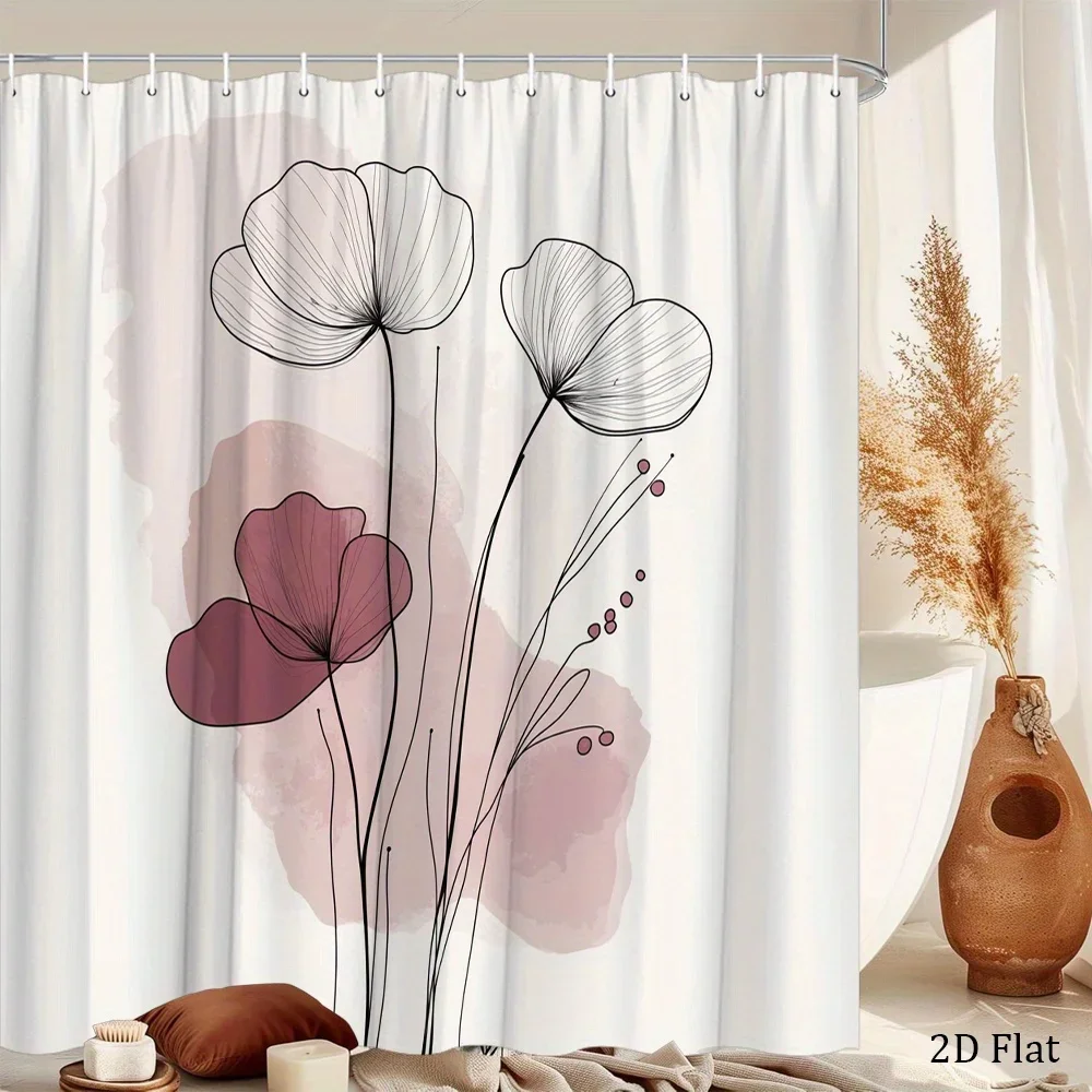 Boho Floral Line Art Shower Curtain Modern Bathroom Decor Watercolor Botanical Style Curtain