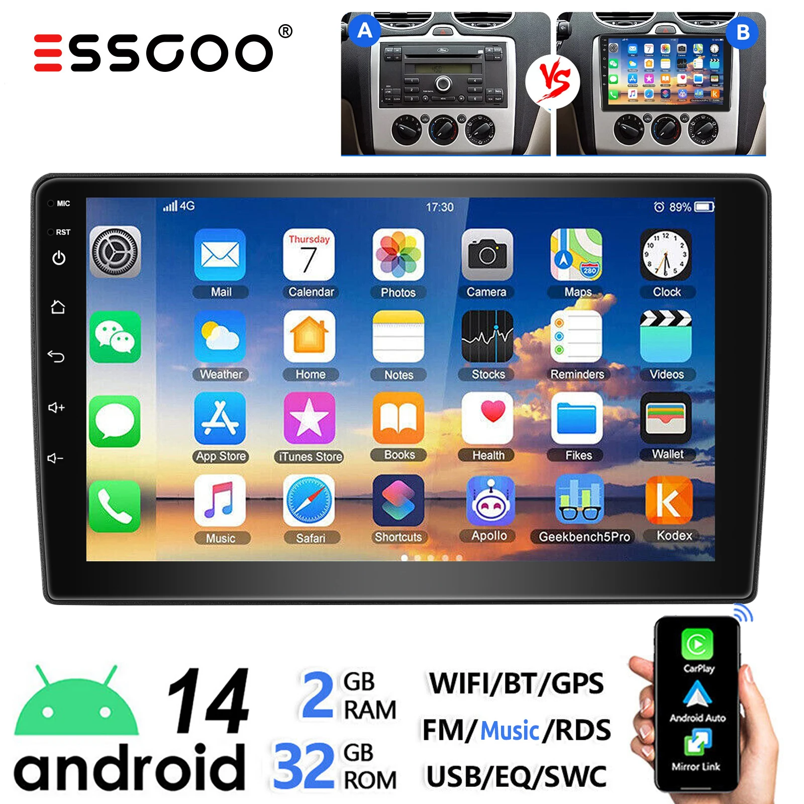 ESSGOO 9" Android 14 voor Ford Transit Connect MK7 Focus Galaxy Fiesta C S Max Kuga Auto Stereo Wireless CarPlay Android Auto GPS Navi Wifi RDS USB EQ SWC Bluetooth Touchscreen 2 DIN