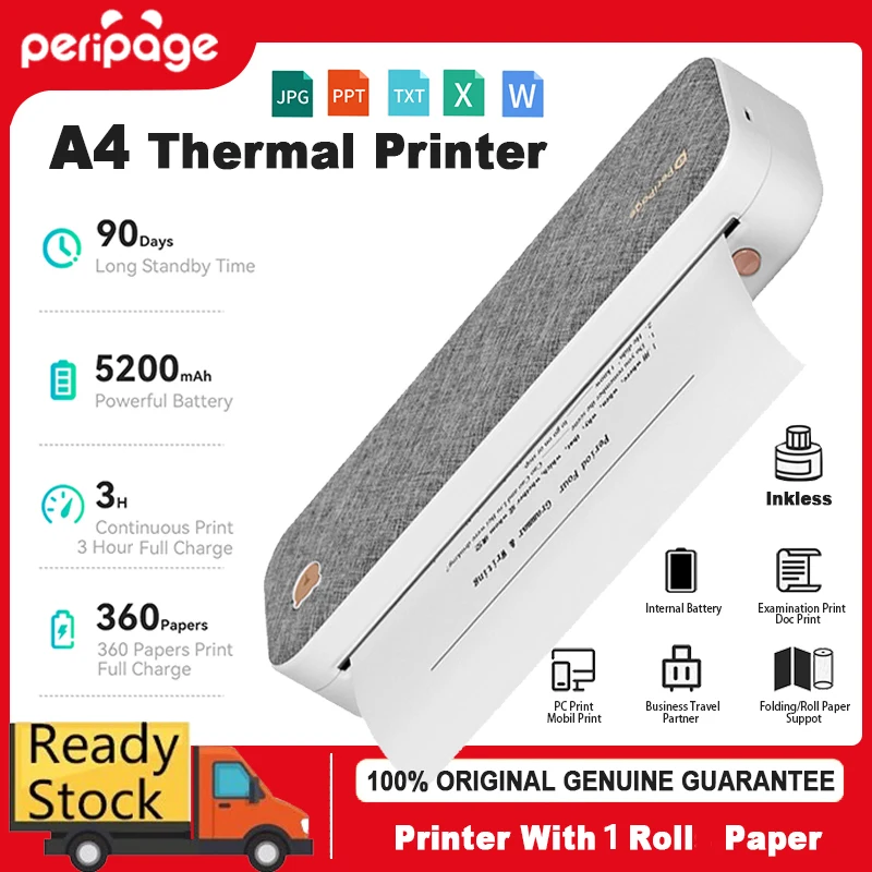 Peripage A40 Mini Portable Thermal A4 Photo Printer 203PDI From Mobile Phone Wireless Bluetooth Paper Ink-less A4 Printer