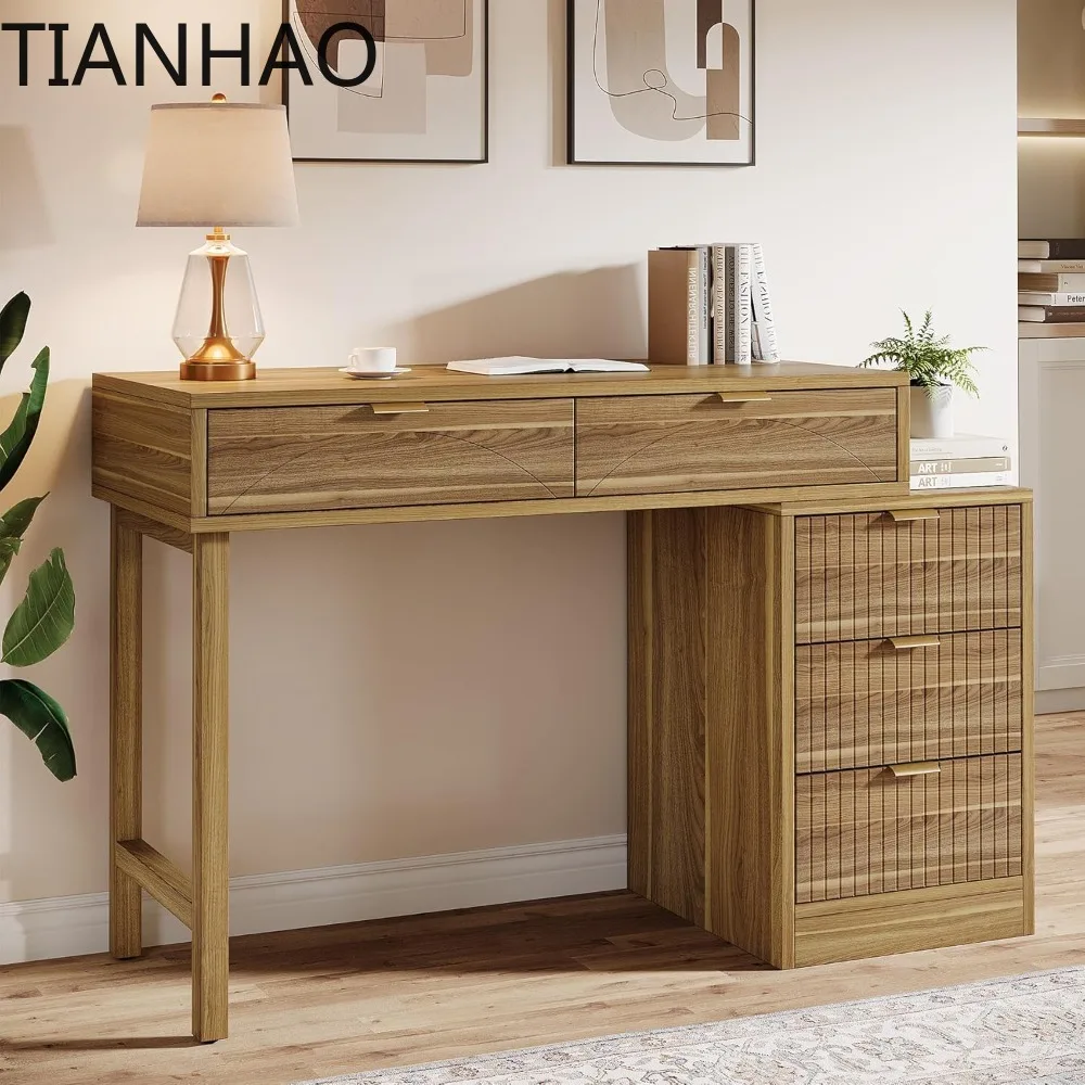 Computer Desk with 5 Drawers, Reversible Small Writing Desk with Storage, Vintage Wooden Study Table Office Workstation
