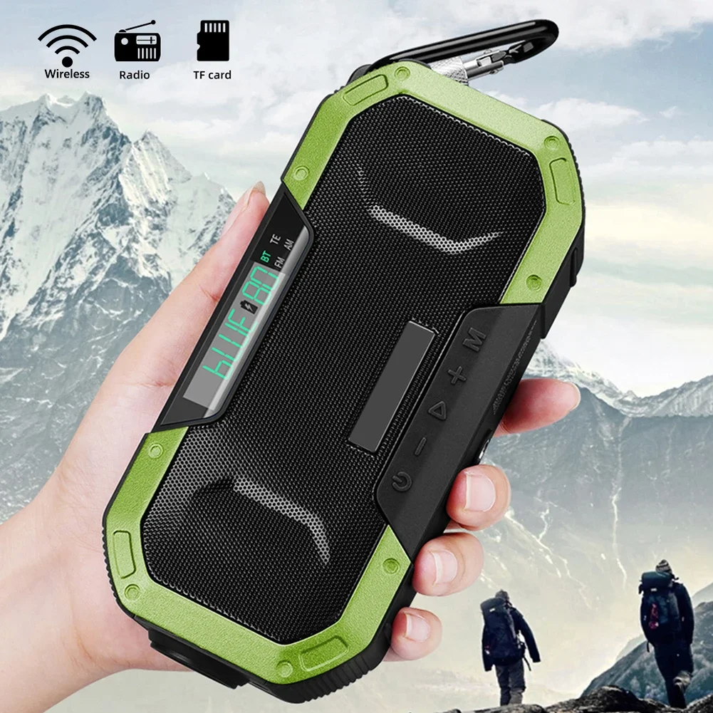 Portable Bluetooth Speaker Hand Crank Solar Radio AM/FM Emergency Radio LED Power Display Flashlight IPX5 Waterproof Power Bank