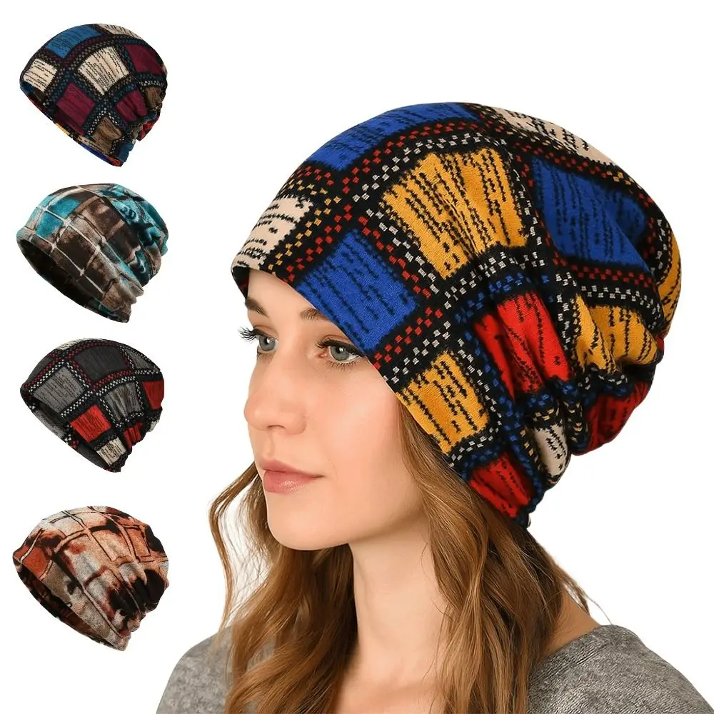 Contrasting Colors Pullover Hat Multifunctional Plaid Print Turban Hats Scarf Pullover Hat Casual Hedging Cap Autumn and Winter