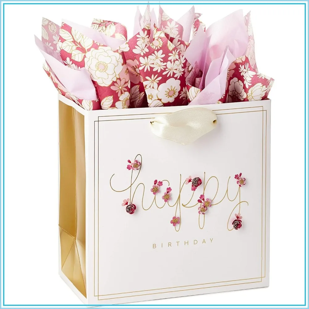 7" Medium Birthday Gift Bag with Pink Flowers & Tissue Paper, Elegant Design for Candles, Books, Jewelry