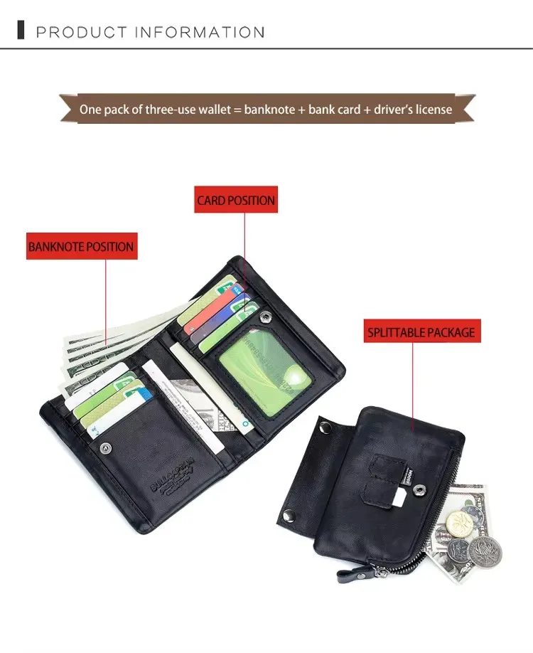 BULLCAPTAIN Herren-Geldbörse mit RFID-Blockierung, Reißverschluss, Leder-Geldbörse für Herren, Bifold-RFID-Kartenhalter – Detail 8