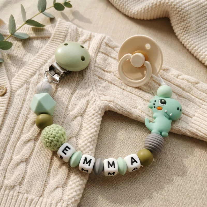 Mittsboy Personalized Pacifier Clip Custom Name Silicone Baby Teether Chain Dinosaur Dummy Holder BPA Free Baby Shower Gift