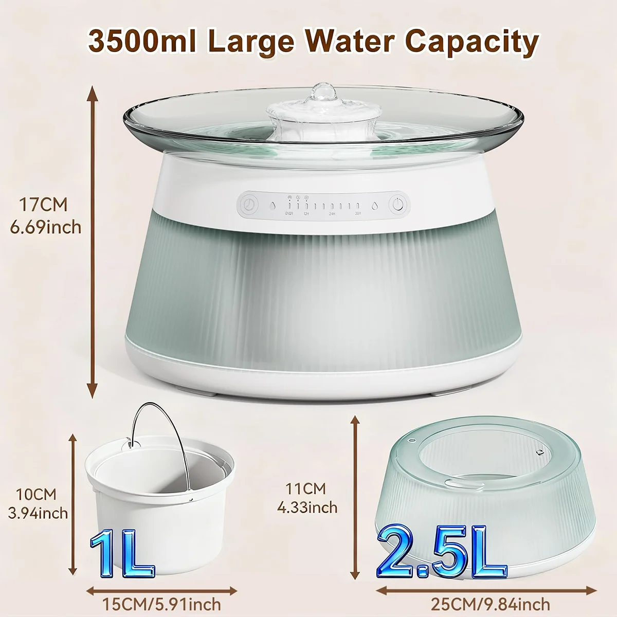 3.5L Smart Glass Pet Water Fountain with Motion Sensor Dual Tank Separation Wireless 4000mAh Battery Cat Drinking Dispenser