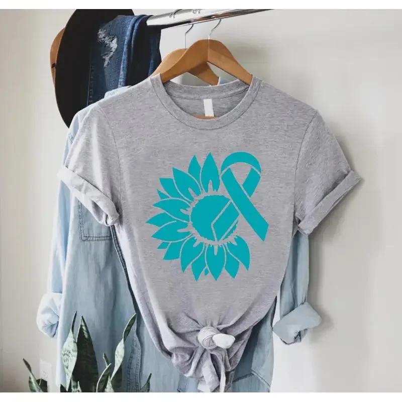 Sunflower Ovarian Cancer T Shirt Fighter PTSD Awareness Teal Ribbon Surivor Support