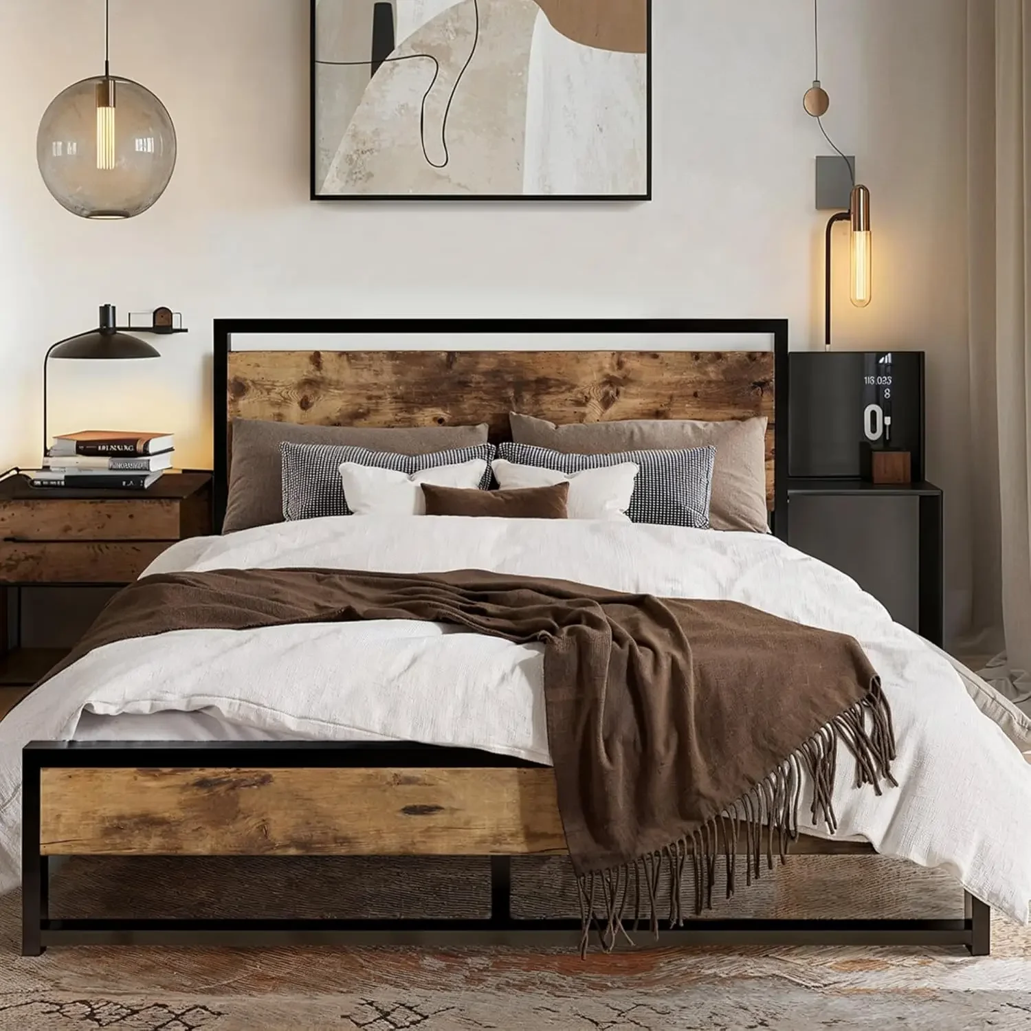 

Queen Metal Bed Frame with Rustic Headboard & Footboard, Sturdy Frame Construction, No Box Spring Needed, Rustic Brown