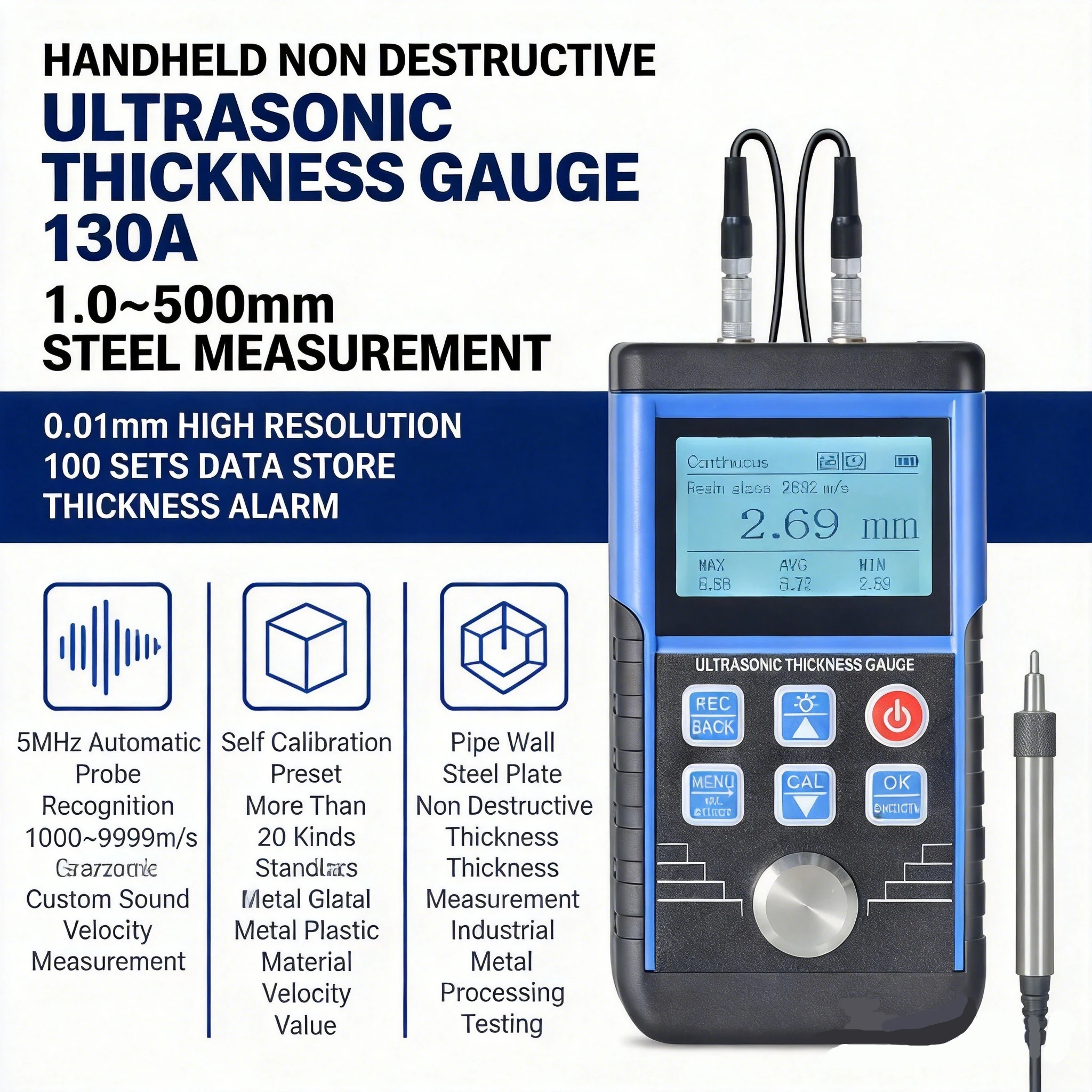 Ultrasonic Thickness Gauge 1.0-350mm Steel 0.01mm Resolution 5MHz Probe Data Logger 99 Groups Holdpeak T9-130S