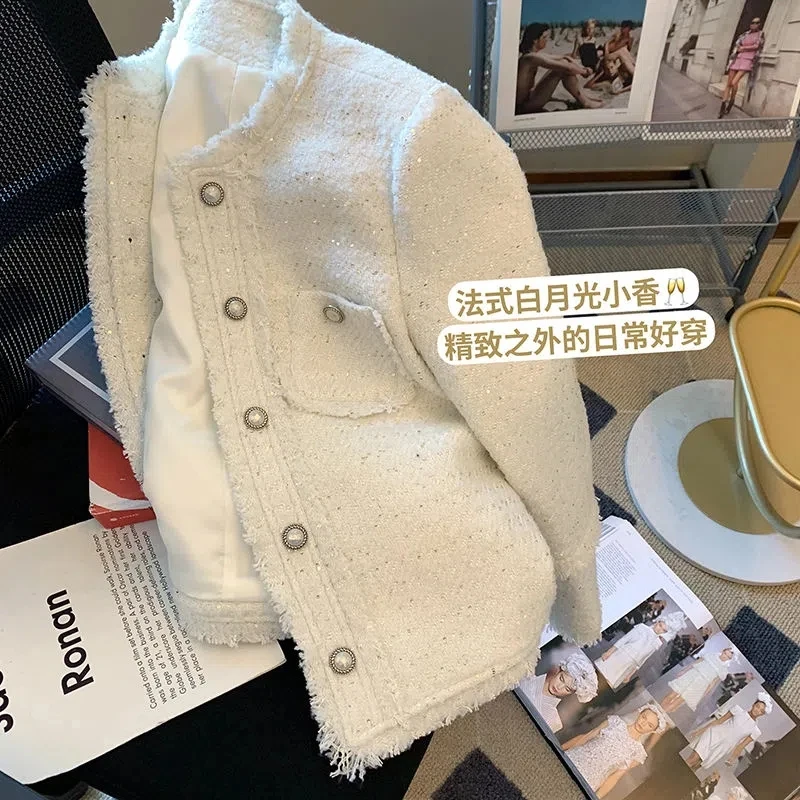 Korean Fashion White Tweed Short Jacket Women Vintage Single Breasted Tassle Shiny Luxury Coat Spring Fall Chic Lady Clothing