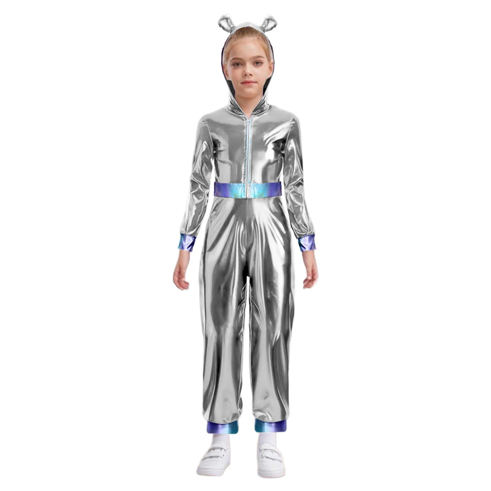 

Alien Astronaut Halloween Metallic Hood Long Sleeve Alien Outfit Jumpsuit for Fancy Dress Alien Themed Party Costumes
