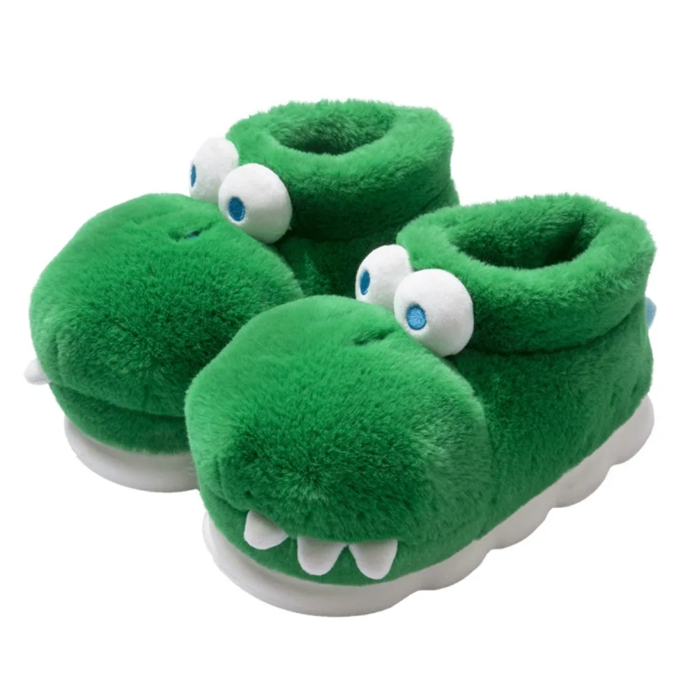 Morbide pantofole in peluche di dinosauro coccodrillo Pantofole piatte con piattaforma antiscivolo verde Cartone animato carino addensare pantofole calde invernali