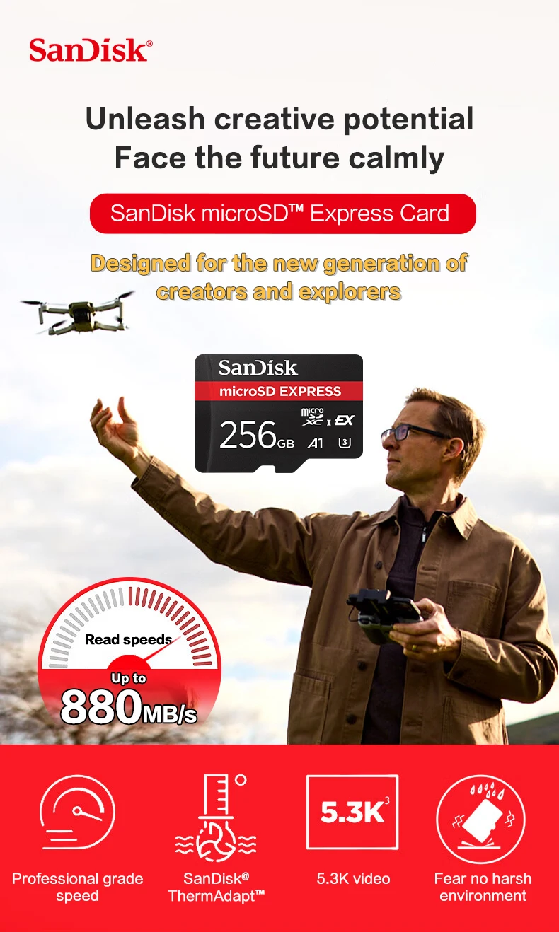 SanDisk MicroSD Express Karte 128GB 256GB A2 5.3K NVMe TF Speicherkarte für Tablet UAV Switch 2 Max 880Mb/s Micro SD Karte für Telefon – Detail 1
