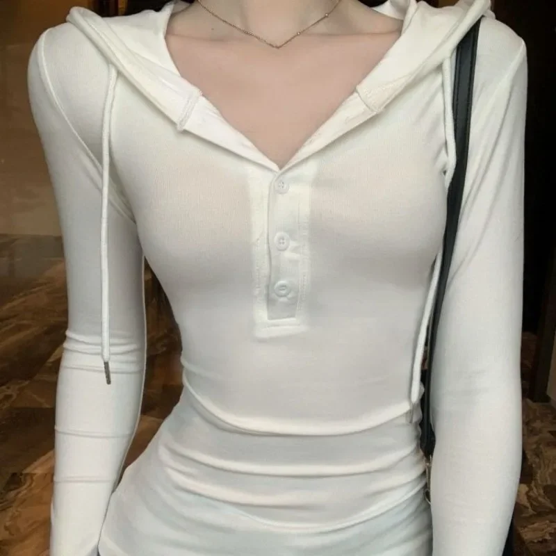 American Retro Hot Girl Hoodie Long Sleeve Waist Cinched Tees Autumn Inner Wear Women's Shirts Half Buttoned Sweatshirt Gothic