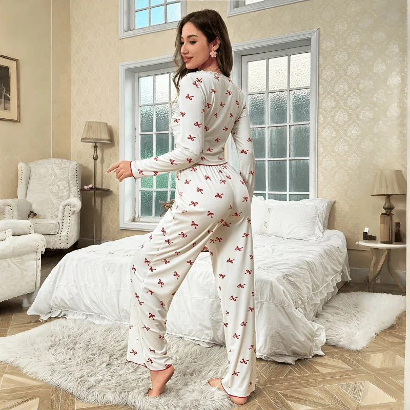 Pajama Set for Women Spring Fashion Bow Tie Long-Sleeved Long Pants Printed Stretch Comfortable Casual Home Clothes