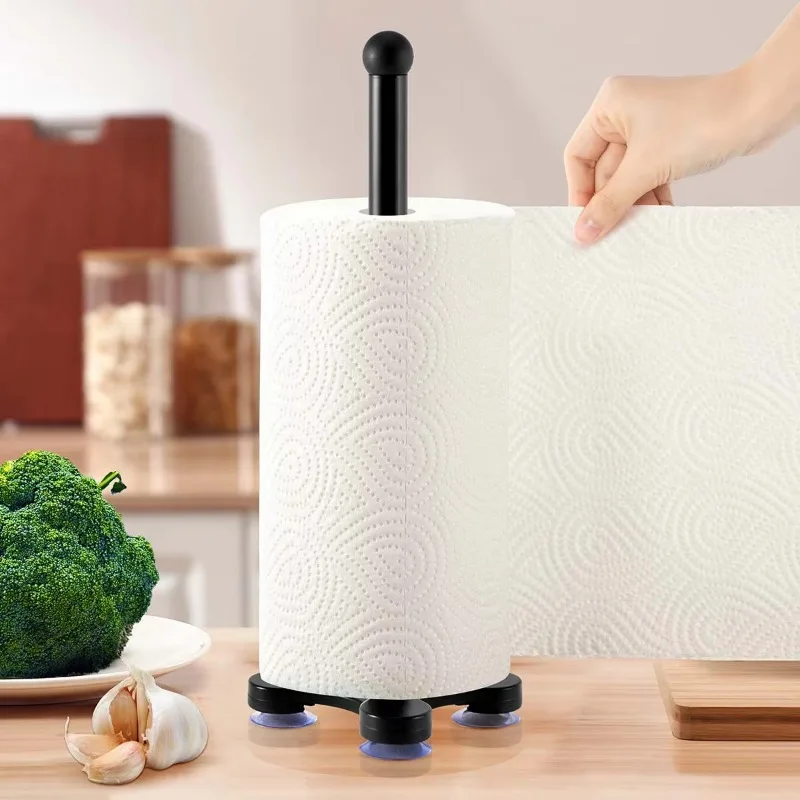 Paper Towel Holder Countertop with Anti Slip Sucker Base Freestanding Paper Roll Stand for Kitchen Bathroom Black