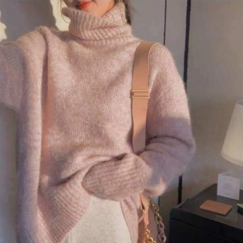 

Pullovers Women Sweaters Knitted Turtleneck Thick Full Sleeve Jumpers Y2k Streetwear Elegant Splice Causal Autumn Winter Work