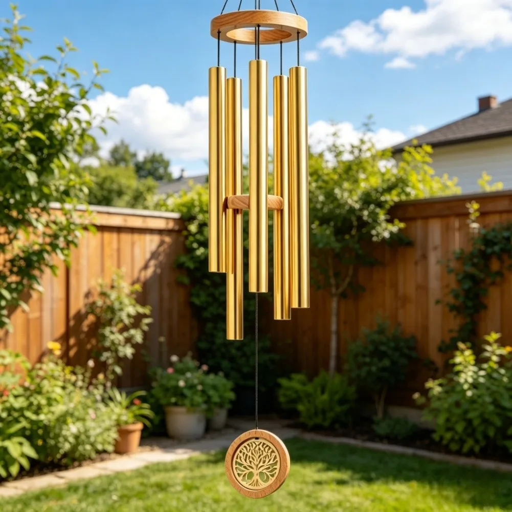 Outdoor Wind Chimes Carved Wooden Disc Large Gold Metal Tubes Rich Harmonious Tone Rustproof Hanging Ornament