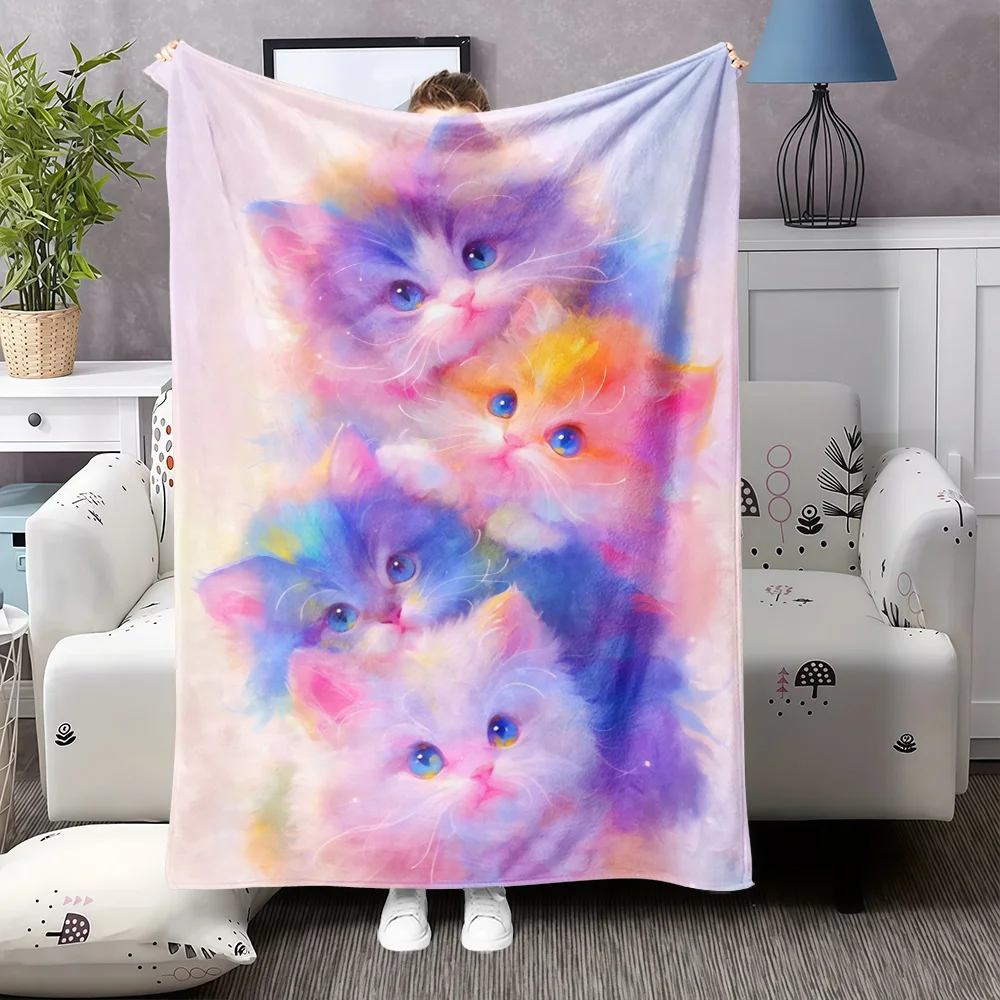 1pc Plush Kitten Flannel Blanket - Pastel Pink, Blue, Purple, Yellow, Green, White & Black with Tabby & Tuxedo Tabby Kittens