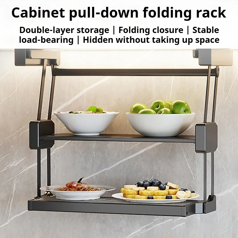 

Kitchen Organizer Hanging Shelves 2 Layer Folding Dish Rack Top Mounted Lifting Basket Cabinet Kitchen Cupboard Cutlery Holder